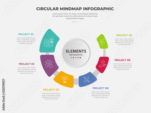 circular mind map infographic outline style with 6 point template with big circle center and speedometer half circular for slide presentation