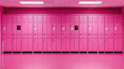 Bright pink locker room with rows of vibrant pink lockers in modern interior design, showcasing contemporary space with bold color choices for stylish storage solutions