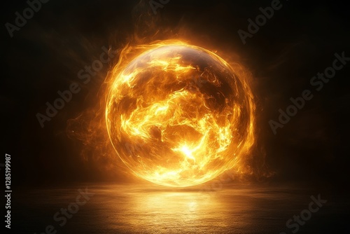 glowing golden orb floating in the center of a black background, symbolizing light and energy, Generative AI