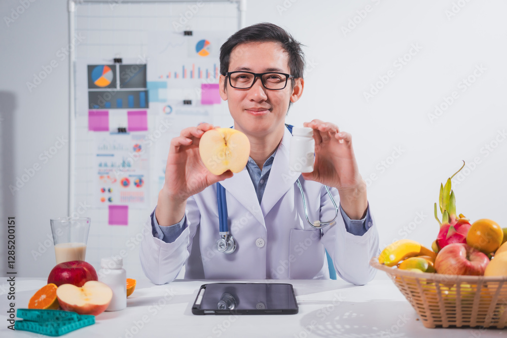 A male nutritionist works at his desk, discussing the benefits of eating fruit. He analyzes diets and educates patients on healthy eating habits for optimal health and well-being A male nutritionist works at his desk, discussing the benefits of eating fruit. He analyzes diets and educates patients on healthy eating habits for optimal health and well-being