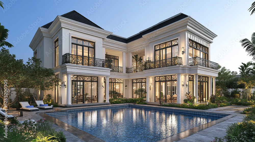 Fototapeta premium A 3D rendering of a modern two-story house with a large swimming pool, showcasing a minimalist exterior design, blending luxury, sophistication, and contemporary living in an elegant environment