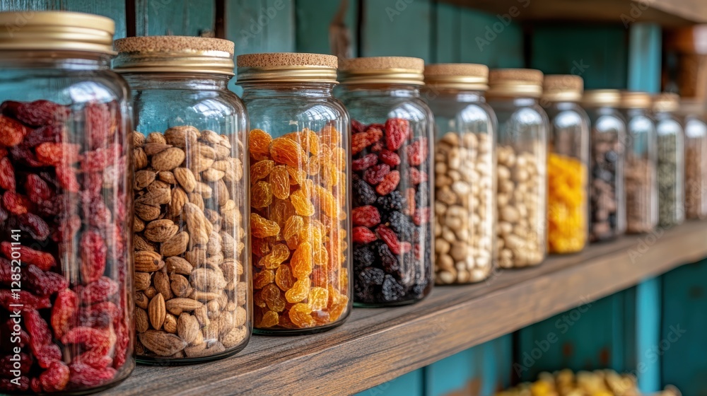 Colorful Collection of Dried Fruits and Nuts in Glass Jars on Wooden Shelf