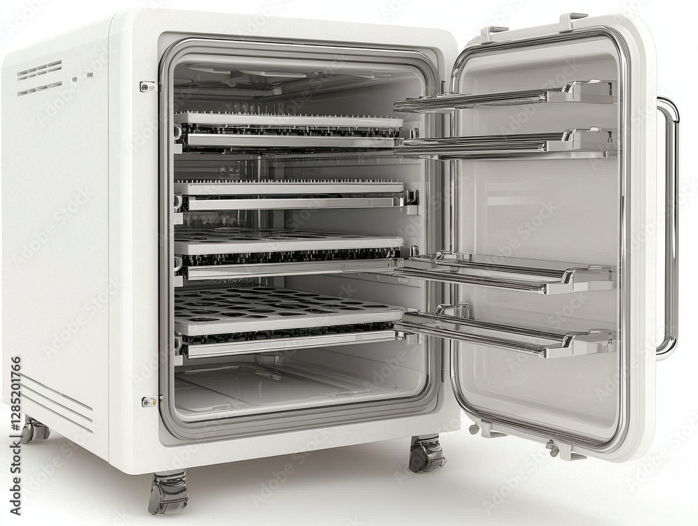 Laboratory PCR machine with open compartments and trays Laboratory PCR machine with open compartments and trays