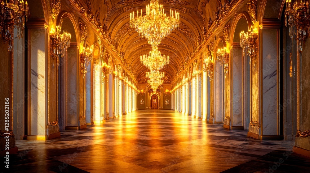 Obraz premium Opulent Palace Ballroom Interior Design with Golden Chandeliers and Marble Columns.
