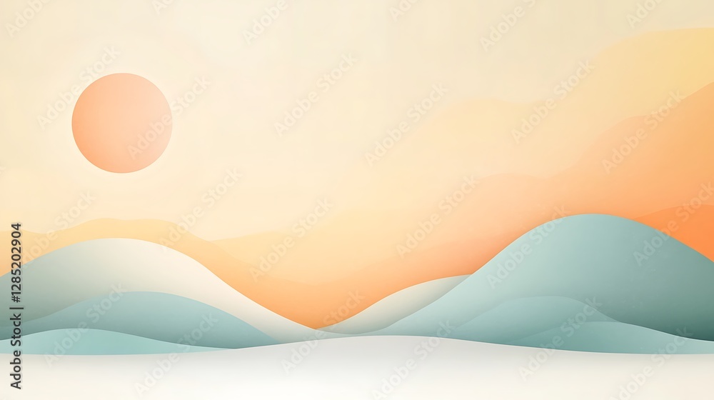 Serene landscape featuring soft hills and a warm, glowing sun against a pastel sky.