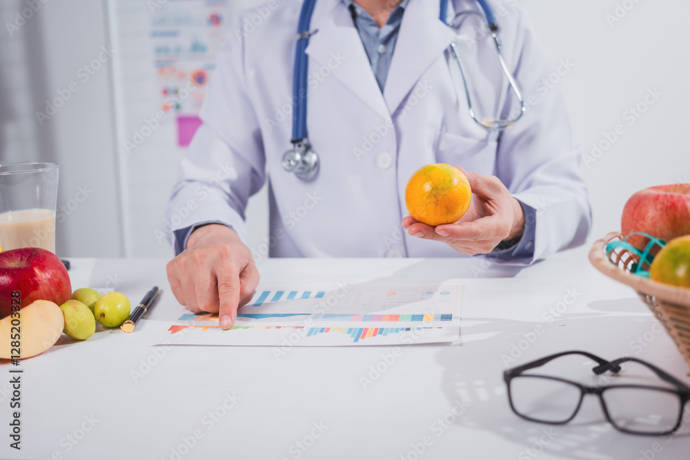A male nutritionist works at his desk, discussing the benefits of eating fruit. He analyzes diets and educates patients on healthy eating habits for optimal health and well-being A male nutritionist works at his desk, discussing the benefits of eating fruit. He analyzes diets and educates patients on healthy eating habits for optimal health and well-being