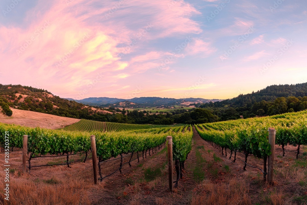 Fototapeta premium Picturesque Sonoma County vineyard landscape at sunset showcases the beauty of California wine country.