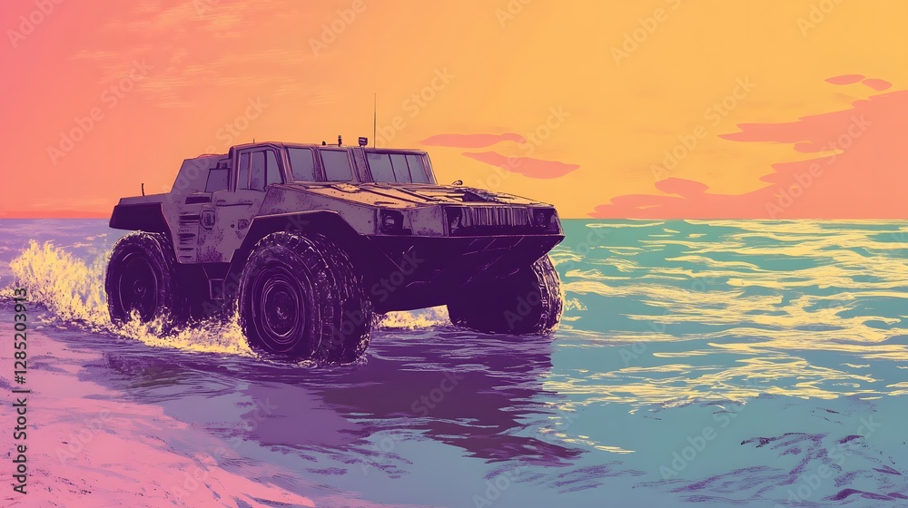 Fototapeta premium Vibrant off-road vehicle driving on coastal road, energetic sunset backdrop, adventure spirit, dynamic scene, copy-space available