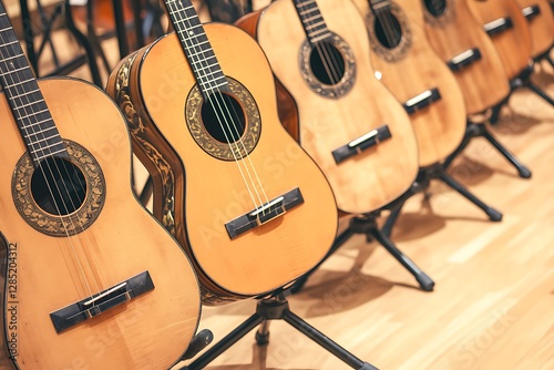 Acoustic guitars lined up in music room