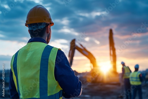 Silhouette of engineer and construction team working at site over blurred background sunset pastel for industry background with Light fair photo