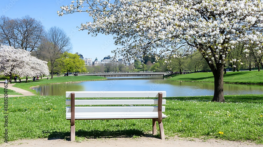 Serene Spring Park Scene White Bench by Pond Blossoming Trees Scenic City View Serene Spring Park Scene White Bench by Pond Blossoming Trees Scenic City View