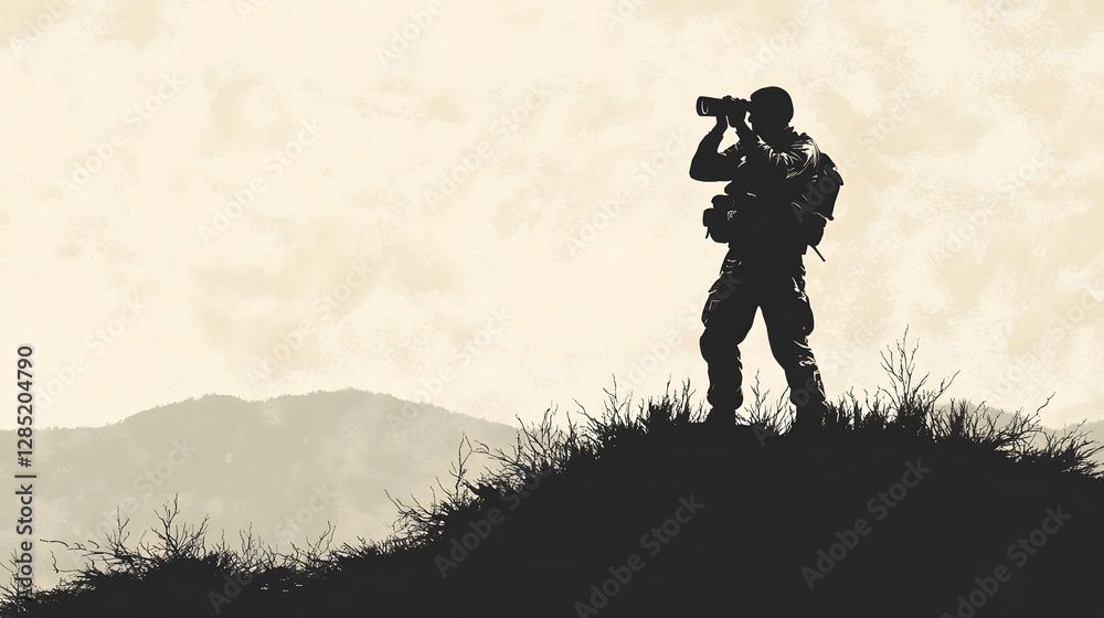 Fototapeta premium Silhouette of a photographer, standing on a hilltop with camera, capturing scenic landscapes at dusk, peaceful outdoor setting.