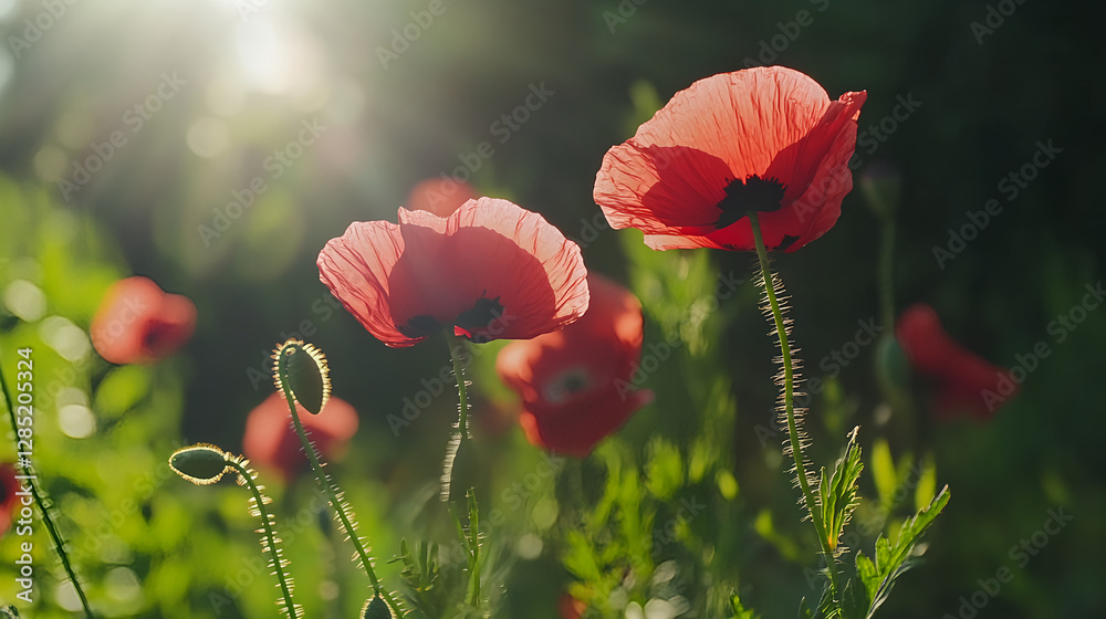 Fototapeta premium Sunlit Poppy Field at Dawn