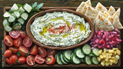 Mediterranean mezze platter featuring tzatziki, pita, and fresh vegetables