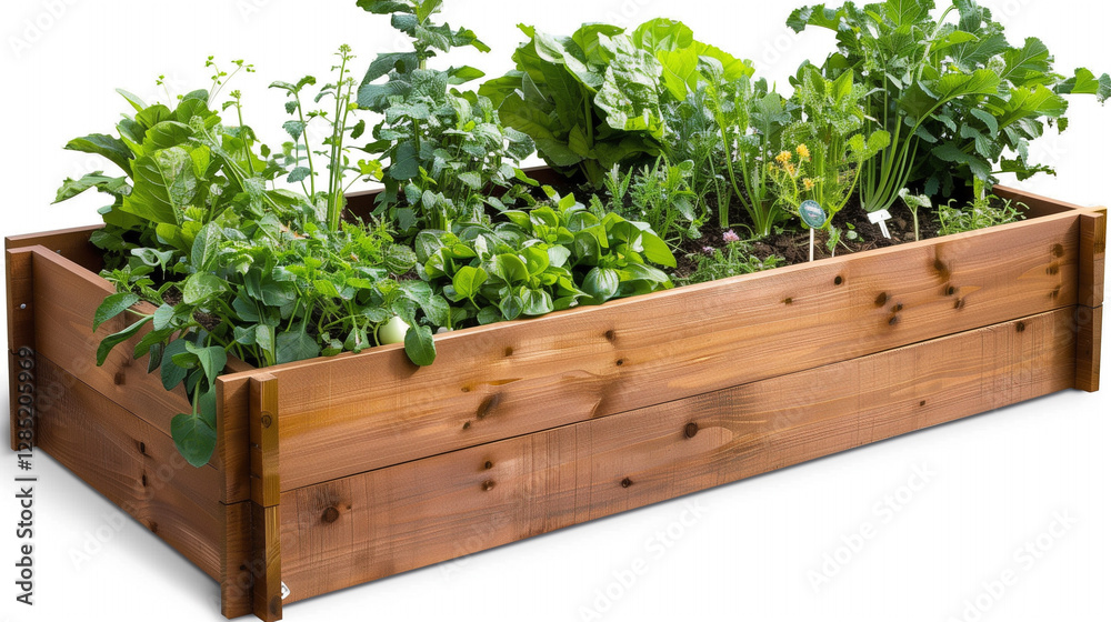 A stunning view of a wooden raised garden bed filled to the brim with a variety of lush green vegetables, showcasing the beauty of home gardening and healthy living. Perfect for foodies! A stunning view of a wooden raised garden bed filled to the brim with a variety of lush green vegetables, showcasing the beauty of home gardening and healthy living. Perfect for foodies!