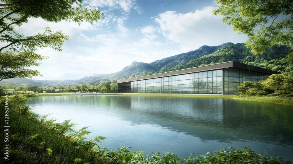 Fototapeta premium Modern Architecture Building Surrounded by Nature with Calm Water and Mountain Background