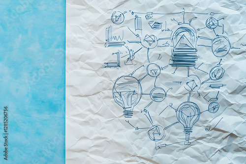 Mind map sketch on crumpled paper, idea generation concept.