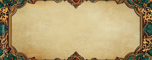 Ornate frame with intricate gold and turquoise detailing surrounds parchment