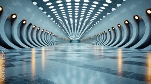 Futuristic Corridor with Illuminated Ceiling and Reflective Floor