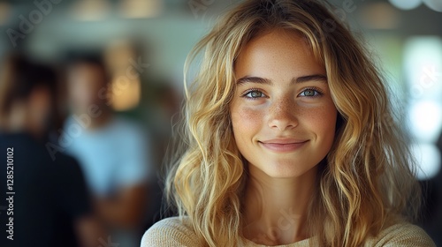 A beaming apprentice girl standing confidently with hands folded against a backdrop of congenial coworkers in a relaxed office space welcomes workplace ambiance.