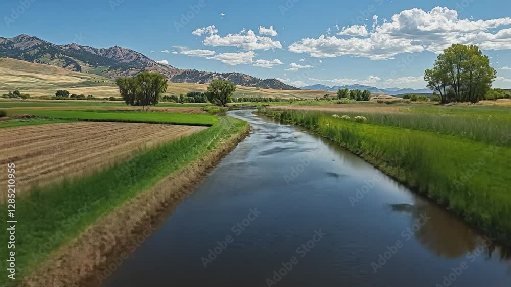 River Flowing Through Landscape: The image showcases a calm river meandering through a vibrant landscape of farmlands and mountains, creating a scene of natural beauty. River Flowing Through Landscape: The image showcases a calm river meandering through a vibrant landscape of farmlands and mountains, creating a scene of natural beauty.