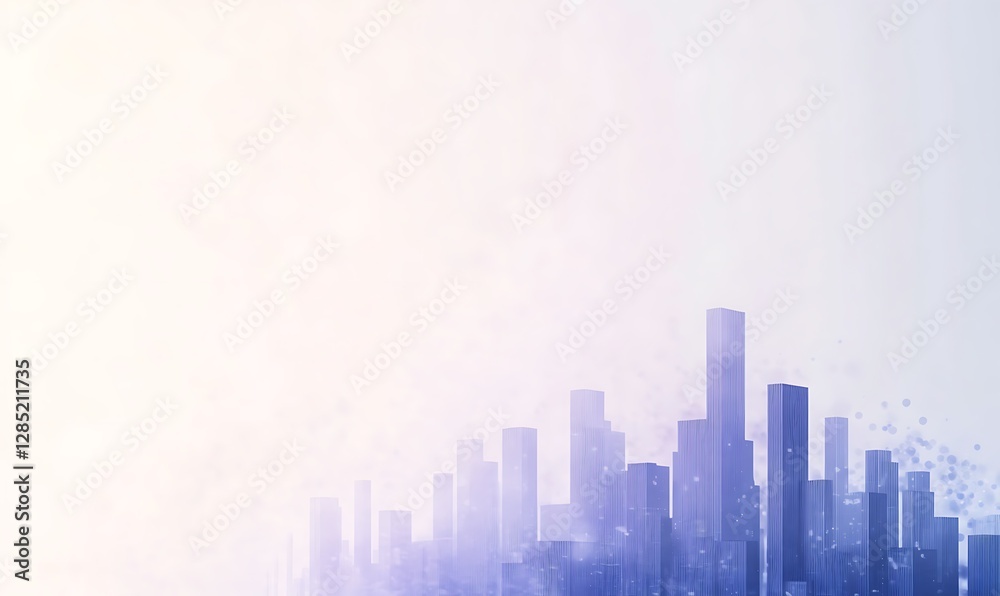 Abstract city skyline in soft purple tones, blending into a light background.