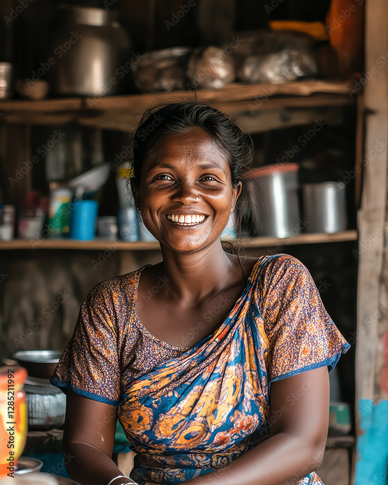 Smiling woman in a colorful top sitting happily at home. Smiling woman in a colorful top sitting happily at home.