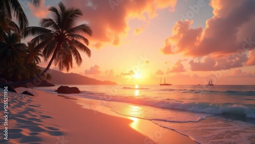 Sailboats on a tranquil ocean at sunset, framed by palm trees on a pristine sandy beach