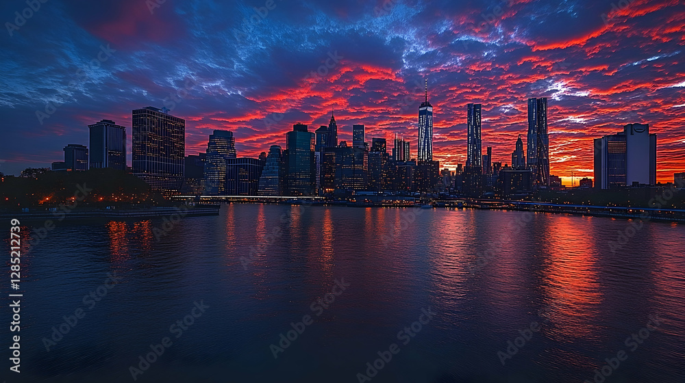 Fototapeta premium New York City Skyline Sunset Reflection