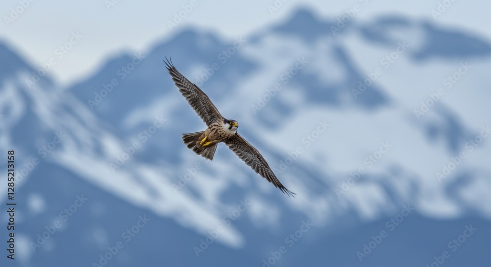 Peregrine Falcon Soaring High Above the Majestic Snowy Mountain Range