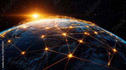 Fototapeta Naklejka Na Ścianę i Meble -  Aerial view of Earth showcasing a network of glowing connections against a starry backdrop