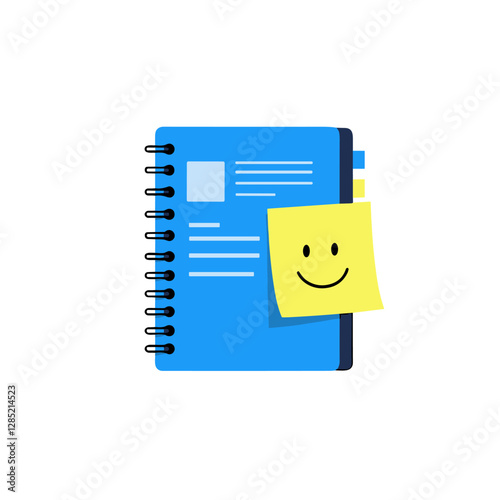 illustration of a blue notebook with a spiral binding and lines on the pages. A yellow sticky note with a smiley face is attached to the right side