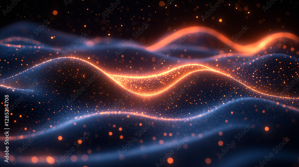 Obraz premium A vibrant glowing wave flows through abstract particles, symbolizing the essence of change and expansion, evoking growth, transformation, and progress in a modern, dynamic setting.