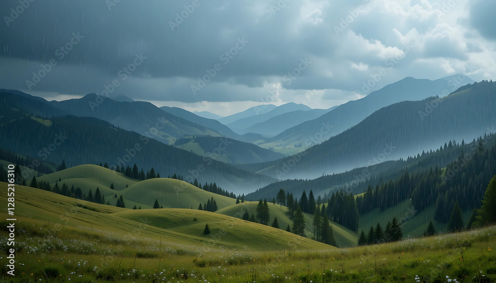 A picturesque tableau unfolds before one's eyes as raindrops delicately caress earth enveloping undulating meadows majestic slopes A picturesque tableau unfolds before one's eyes as raindrops delicately caress earth enveloping undulating meadows majestic slopes