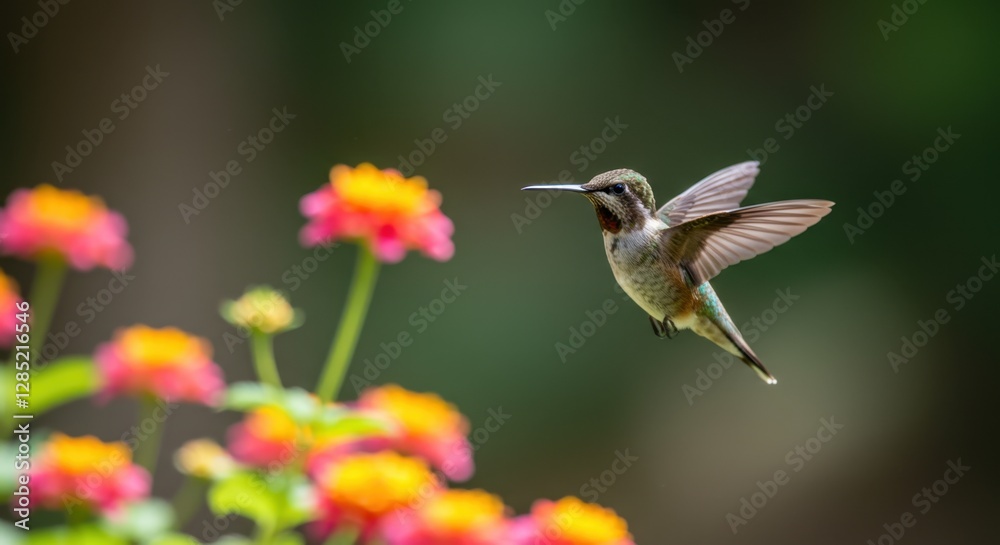 Fototapeta premium Ruby-throated Hummingbird hovering near vibrant Lantana flowers in garden