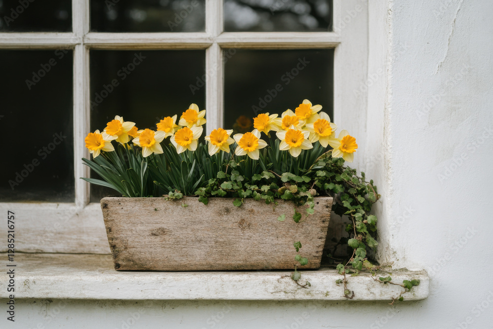 Fototapeta premium A window sill with a flower pot full of yellow flowers