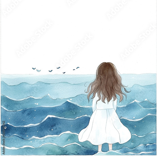 Minimal Isolated Watercolor of a Cute Sea View with Gentle Waves and Soft Colors Perfect for Calm and Serene Backgrounds Evoking Peace and Tranquility in Nature's Beauty