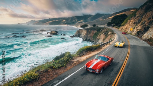Experience the thrill of vintage cars racing along a stunning coastal road, with ocean waves crashing against the rocks in a picturesque landscape.