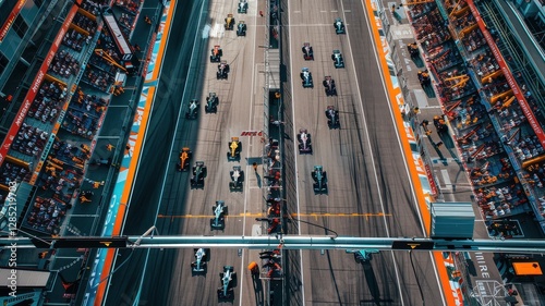 An aerial perspective of the starting grid at an F1 track showcasing multiple cars lined up for a race, highlighting the excitement of motorsport events.