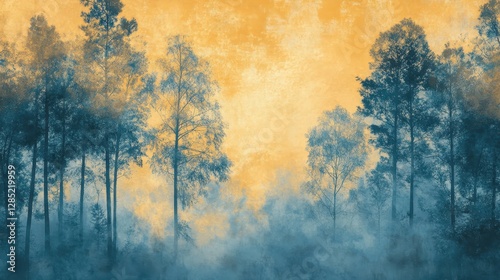 Misty Forest  Teal   Gold Autumn Trees  Nature Landscape