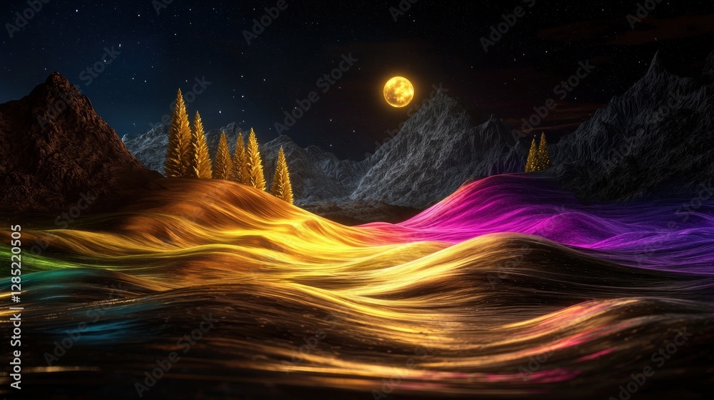 Naklejka premium Vibrant surreal landscape at night with colorful waves and mountains under a glowing moon