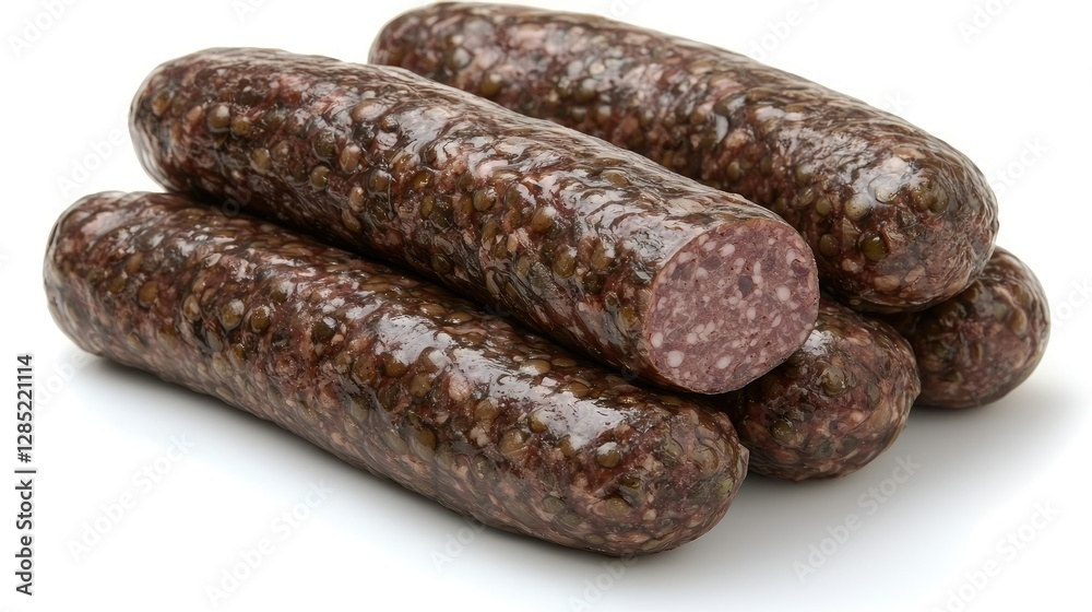 A stack of dark brown sausages with visible lentils A stack of dark brown sausages with visible lentils