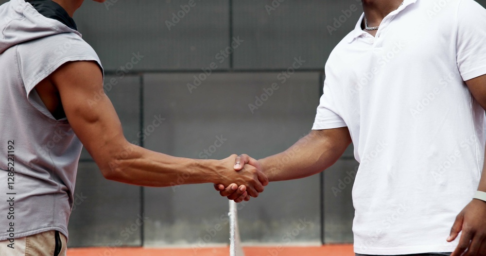 Obraz premium Sports, tennis court and hands of people with handshake for competition, match and game. Fitness, teamwork and men with gesture for support, coaching and goal for training, workout and exercise