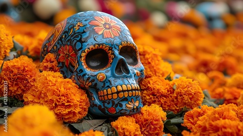 A colorful Day of the Dead altar is adorned with a sugar skull and vibrant marigolds.