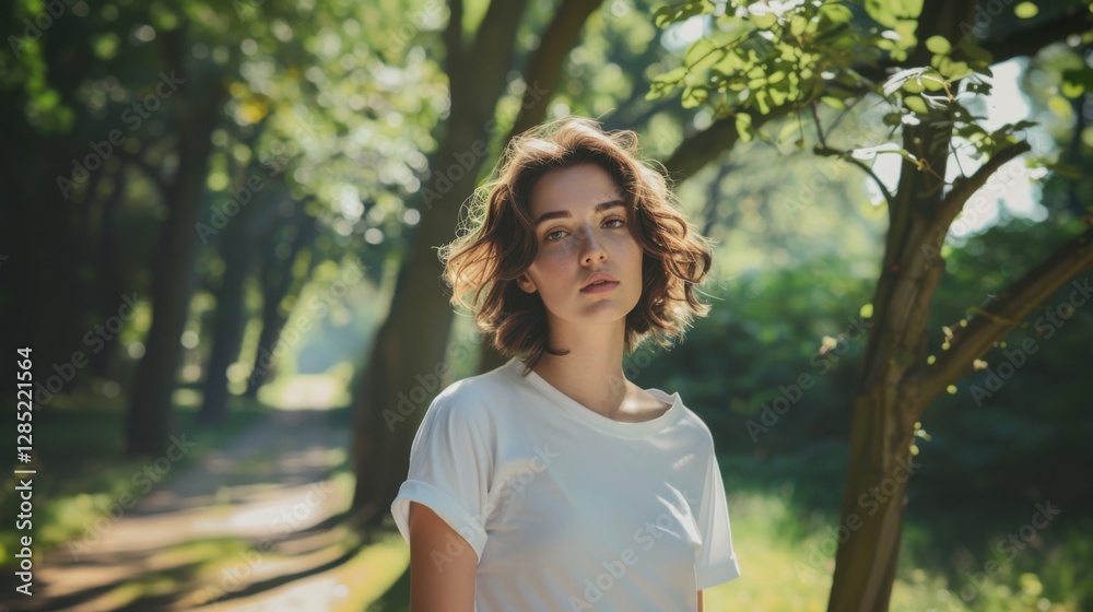 Woman in White T-shirt Outdoors with Trees Woman in White T-shirt Outdoors with Trees