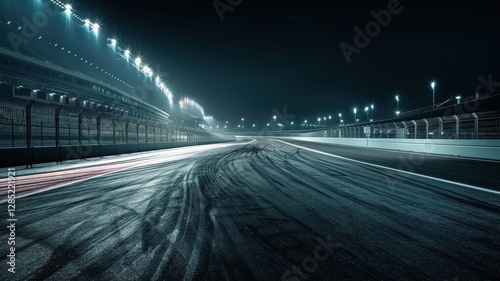 A serene view of an empty F1 track illuminated by floodlights at night, showcasing the glossy asphalt and tire marks under a dark sky.