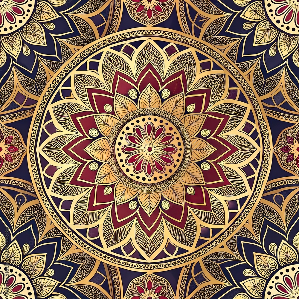 Fototapeta premium Seamless pattern, pattern, watercolor, exquisite mandala with gold elements in oriental style, oriental harmony, spiritual ornaments