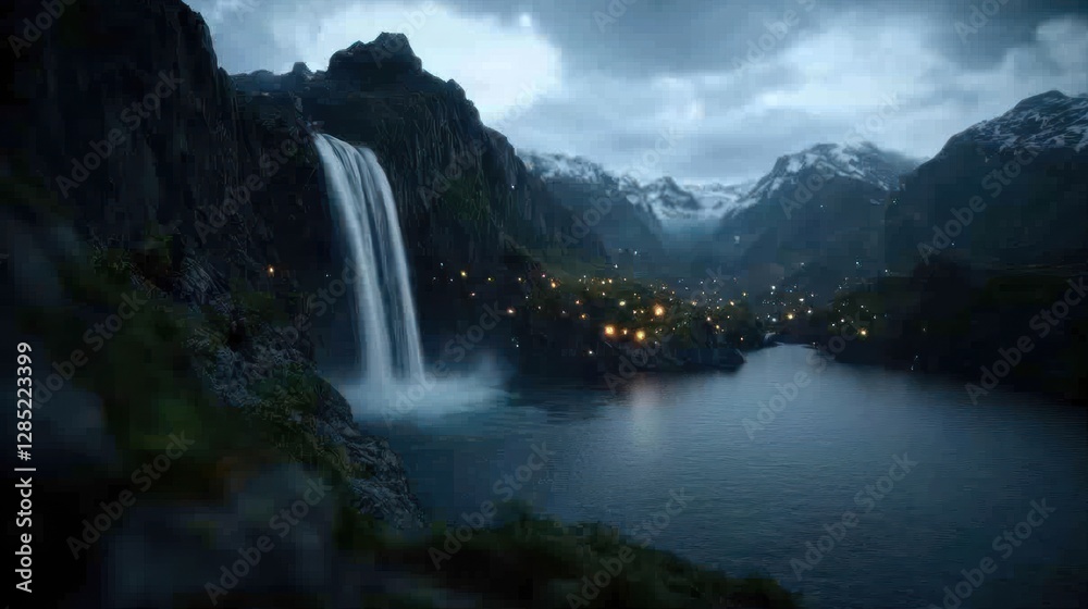Fototapeta premium Majestic waterfall cascading into a serene lake surrounded by mountains and illuminated village at dusk