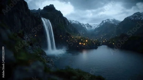 Majestic waterfall cascading into a serene lake surrounded by mountains and illuminated village at dusk