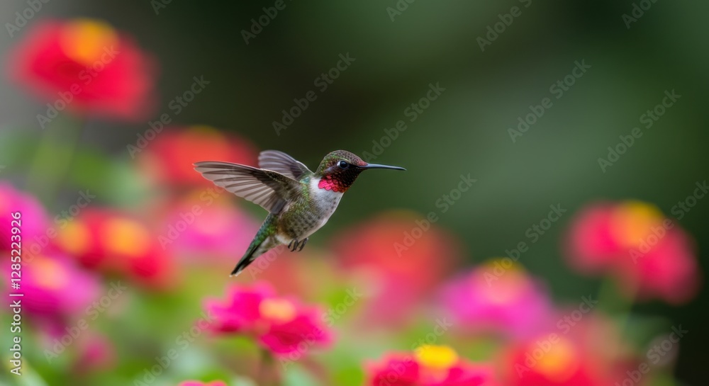 Fototapeta premium Hummingbird Hovering in Garden with Bright Flowers in Summer